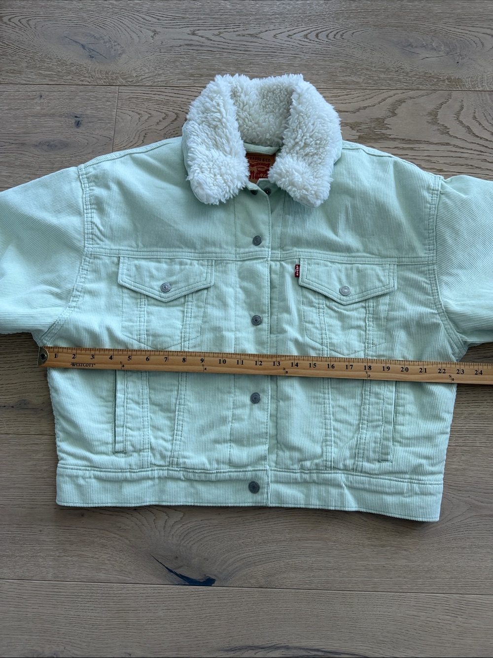 Levi’s Cord Sherpa Fleece Baby Cropped Trucker Jacket Meadow Mist Womens Medium - Picture 7 of 8